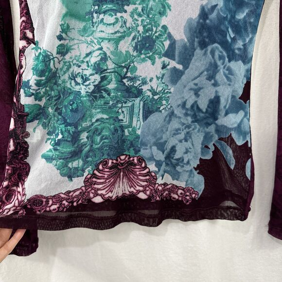 Express Vintage Y2K Purple Pink Floral Mesh Long Sleeve Top Womens Size M Art - Picture 8 of 10